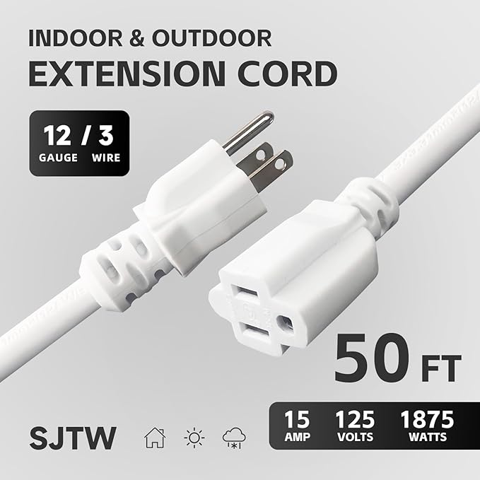 50 FT 12 Gauge Extension Cord Outdoor, Heavy Duty Weatherproof & Flame - Image 2