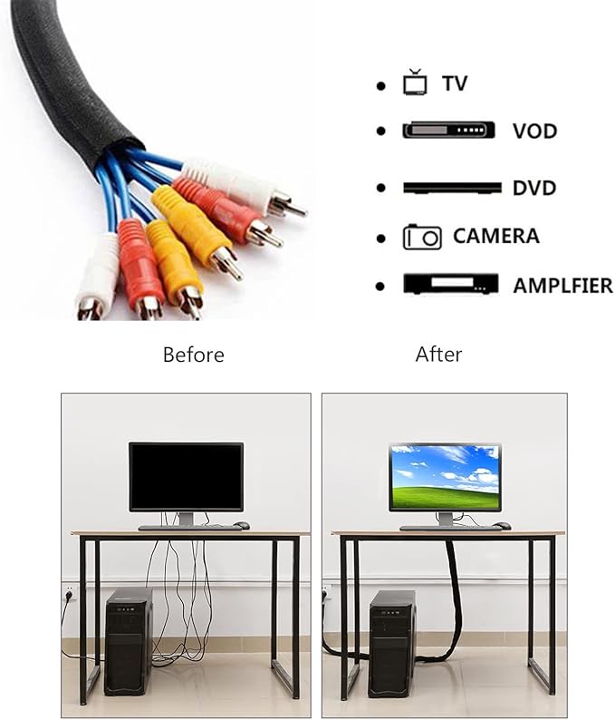 Black Braided Cable Management Sleeves Wire Loom Tubing Cord Protector - Image 4