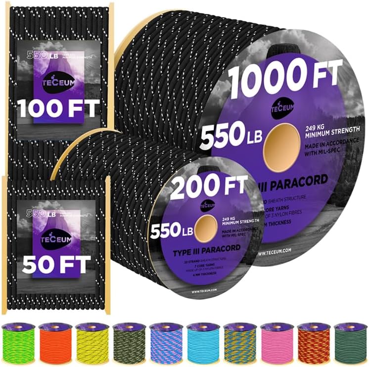 Paracord Rope 550 lb 4mm – Parachute Cord – Utility Camping Rope by TECEUM