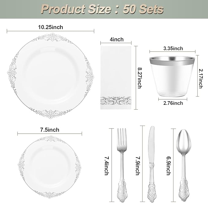 350PCS Silver Plastic Plates for 50 Guests, Disposable Dinnerware Set Includes - Image 2