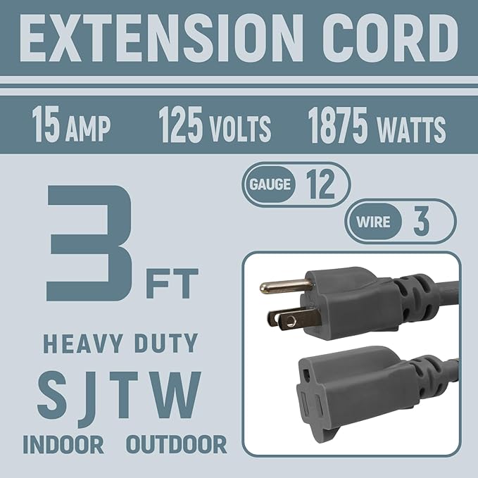3 FT 12 Gauge Extension Cord Outdoor, Heavy Duty Weatherproof & Flame Retardant - Image 2