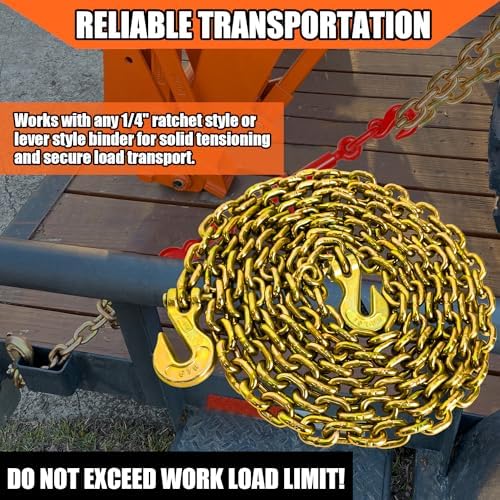 YATOINTO G80 1/4 Inch x 12 Foot Chain Tow Chain with Clevis Grab Hooks 3,300 lbs Safe Working Load Logging Chain for Transporting Towing Tie Down Binding Equipment - Image 2