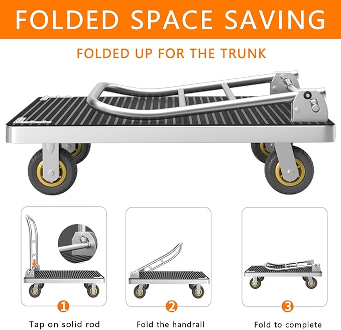 Platform Truck Cart, Foldable Push Cart Dolly Large Flatbed w/Rubber Mat and - Image 6