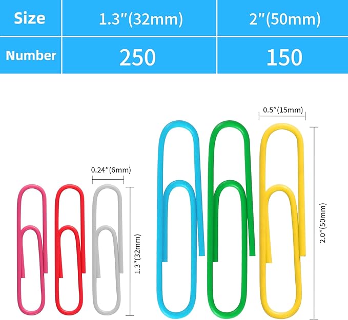 Multicolor Jumbo Paper Clips, 1.3 Inch & 2 Inch, School & Home Document - Image 2