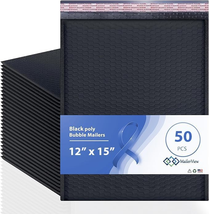 Black Large Poly Bubble Mailers 12x15 inch | Self Seal Padded Envelopes by MAILERVIEW