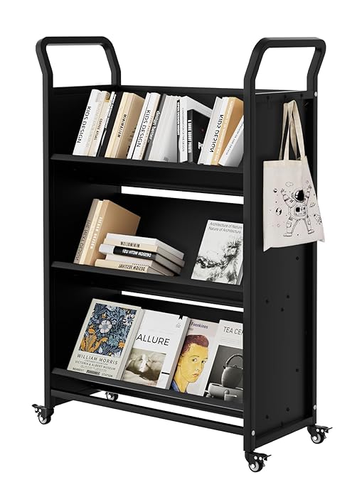 3-Tier Metal Rolling Book Cart, 4 Lockable Wheels & Side Hooks, V-Shaped Heavy by GAOMON