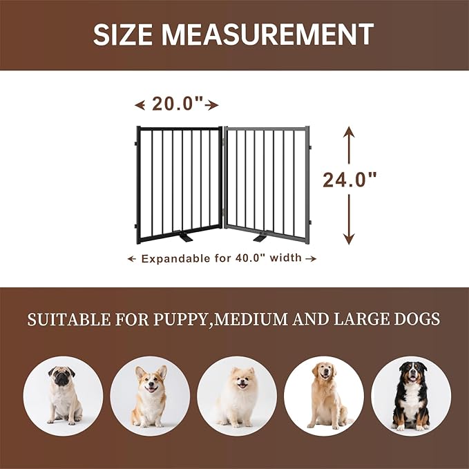2 Panels Full Metal Freestanding Dog Gates, 40” W x 24” H Folding Pet Gate Fence - Image 2