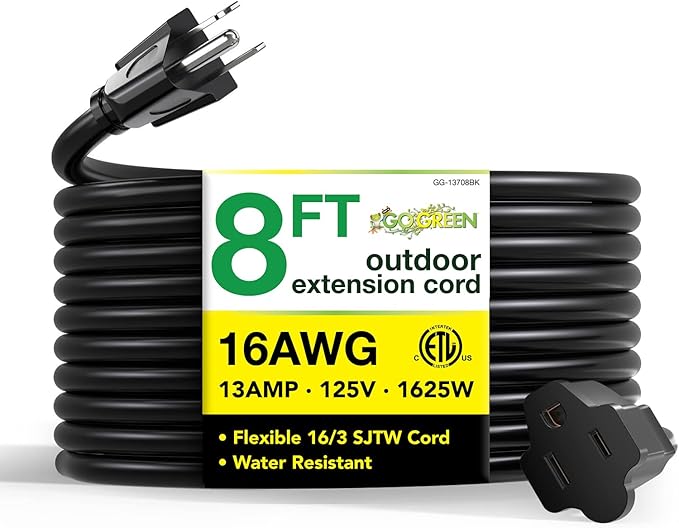 Go Green Power Inc. 16/3 SJTW Outdoor Extension Cord, 8 ft by PowerByGoGreen