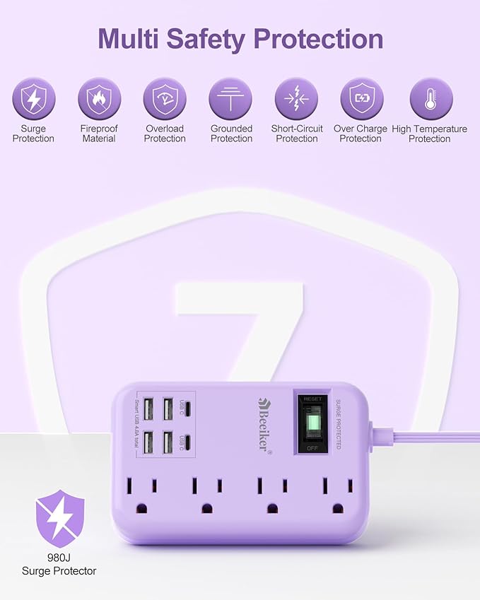 6 USB Purple Surge Protector Power Strip- 10 Ft Purple Extension Cord - Image 6