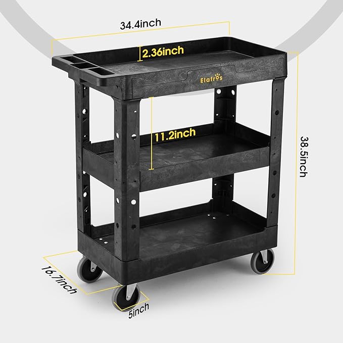 ELAFROS 3 Shelf Heavy Duty Utility Cart, Rolling Work Cart - Image 2