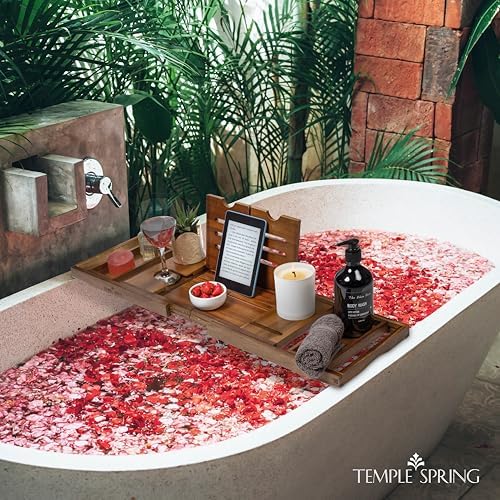 Temple Spring Foldable Bathtub Tray, Unique Design Selfcare Bathroom Caddy, Acacia Spa Bathroom Tray, Wooden Bathtub Accessories, Wedding Gift/Birthday Gift/New Home Bath Table – Not Teak - Image 3