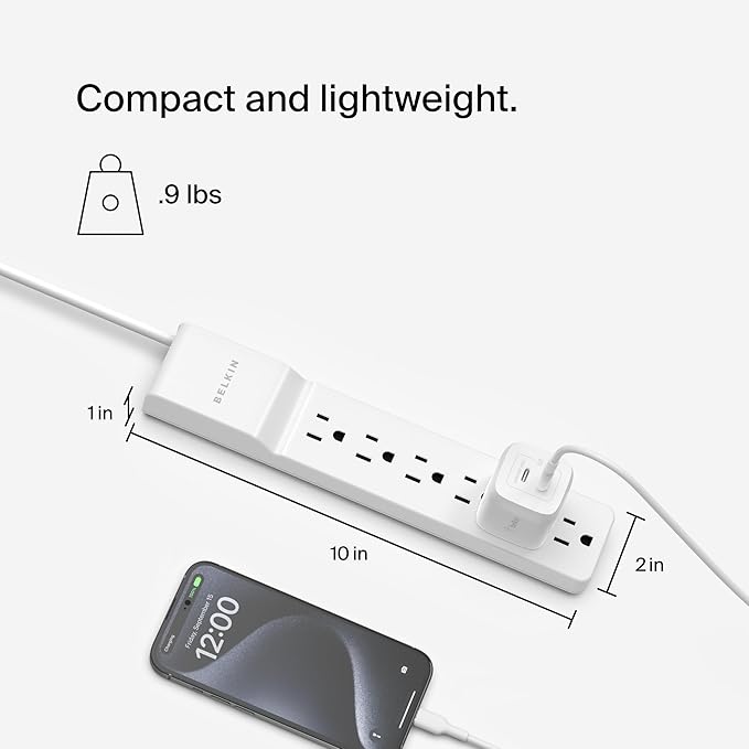 Belkin 6-Outlet Surge Protector Power Strip, UL-listed w/ 6 AC Outlets & - Image 2