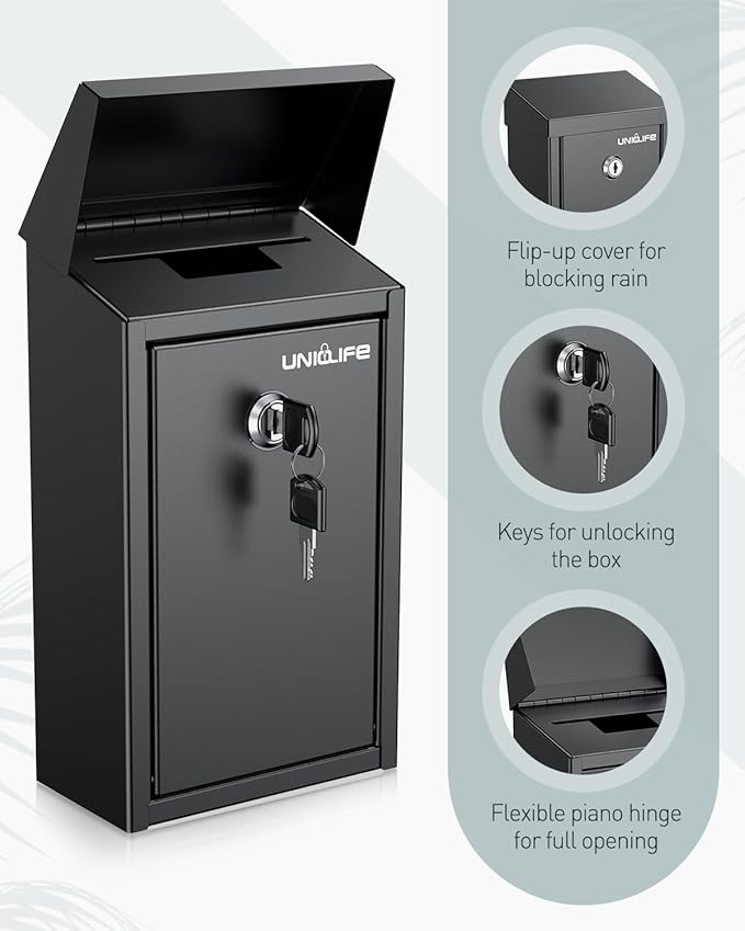 Uniclife Black Metal Donation Box Wall Mounted Mailbox - Image 3