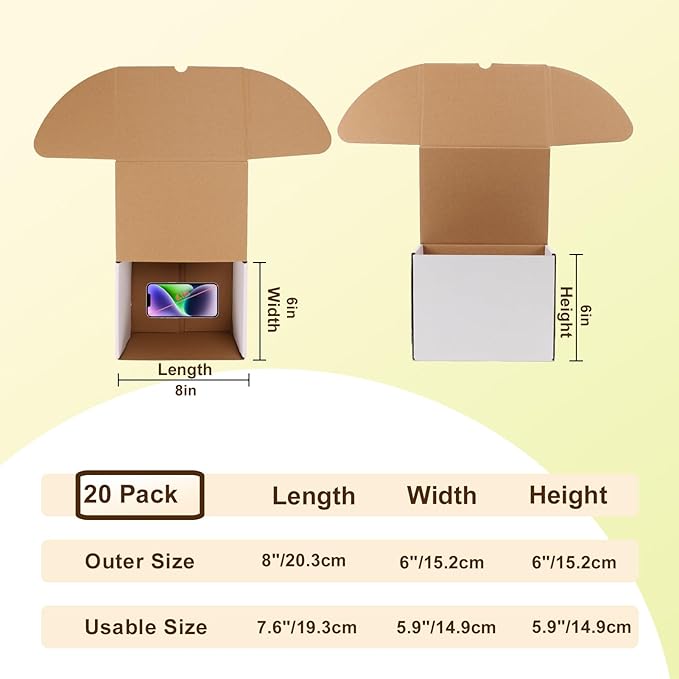 WIFTREY 8x6x6 inches Shipping Boxes set of 20 White Corrugated Cardboard Box - Image 2