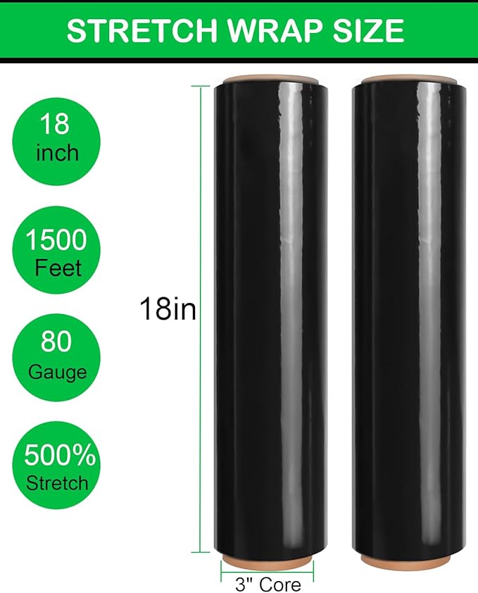 18" Black Stretch Wrap Roll, Heavy Duty 18in 1500ft Shrink Wrap Roll, 80 Gauge - Image 5