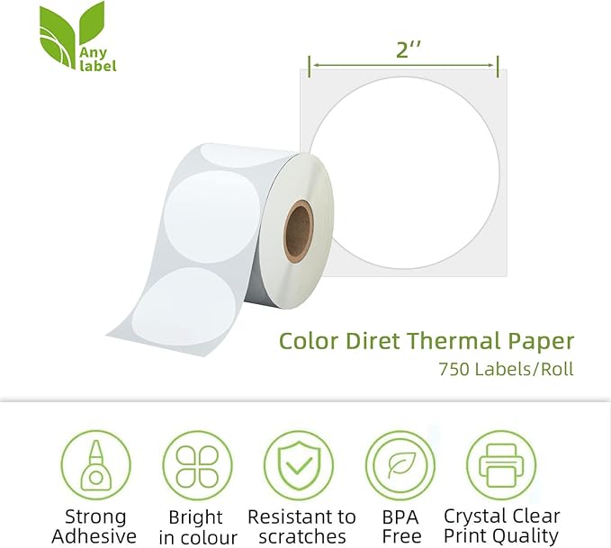 2" White Circle Direct Thermal Labels, Self-Adhesive Round Direct Thermal - Image 2