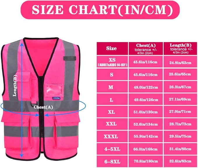 A-SAFETY Pink Safety Vest with Pockets Hi Viz Zipper Front Working Safety Vest - Image 2