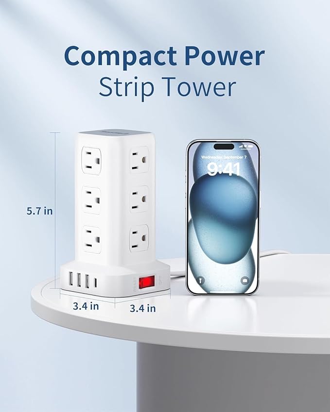 Power Strip Tower, 16.5 Ft Flat Plug Extension Cord, 16 in 1 Power Bars - Image 2