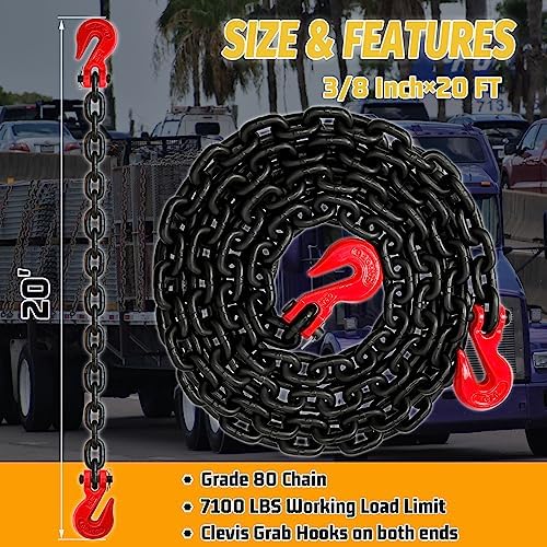G80 Safety Binder Chain, 3/8"20 FT, 7100 lbs WLL Heavy Duty Tow Chain with Clevis Grab Hooks, Trailer Log Chocker Accessories (Oiled Black) - Image 2