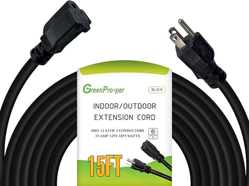 15 FT 12 Gauge Extension Cord Outdoor, Heavy Duty Weatherproof & Flame by GreenProsper