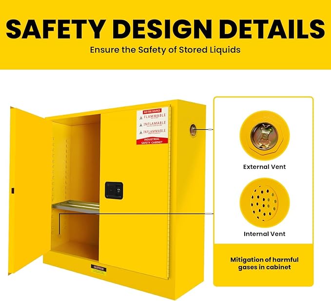 60 Gallon Yellow Flammable Storage Cabinet, Fireproof Steel Chemical Storage - Image 4
