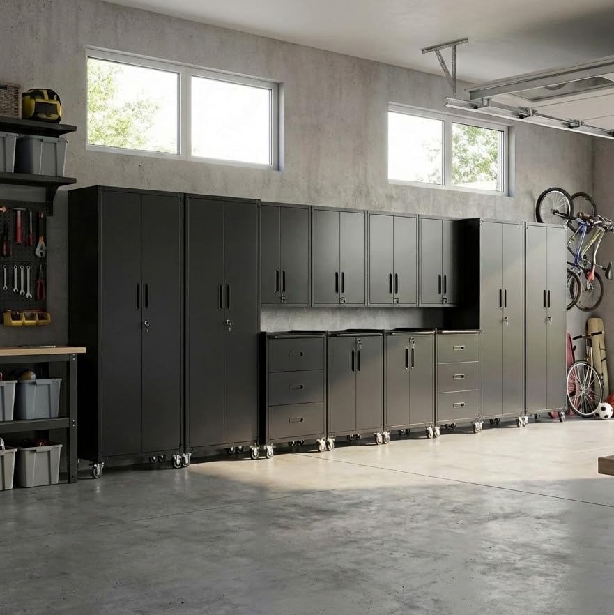 12-Piece Heavy Duty Steel Garage Cabinet System | All-in-One Modular Garage Cabinet Set for Ultimate Workshop Organization | Easy Assembly Garage Storage Cabinets & Tool Bench (Black) by VIYET