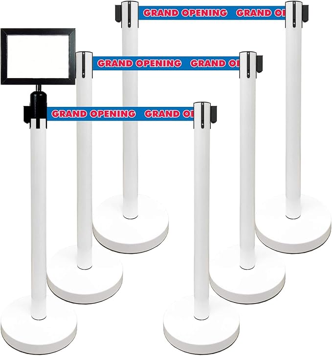 Retractable Stanchion, 6 SPECIALTY Posts + Signframe by VIP+Crowd+Control
