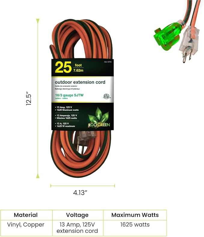 Go Green Power Inc. 16/3 25ft Outdoor Extension Cord - Image 2