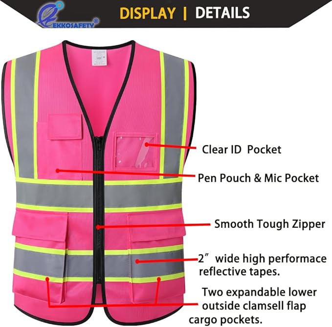 Construction Vest Pink, 5 Pockets Reflective Safety Vest - Image 3
