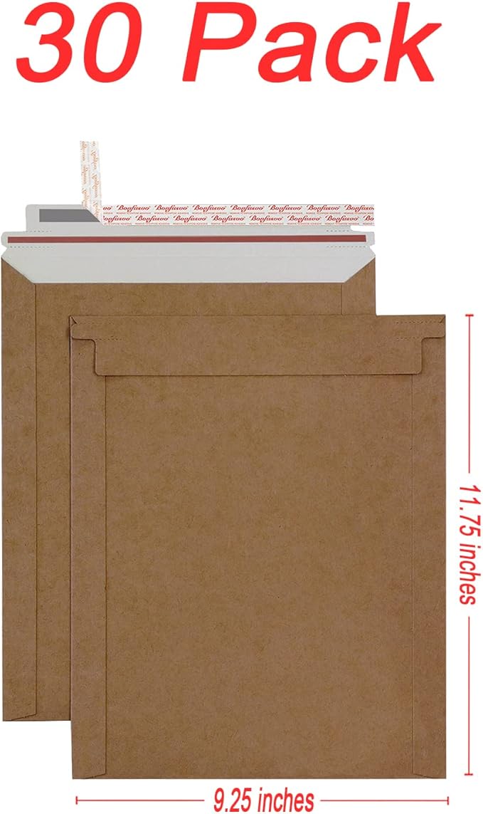 Rigid Mailers 30 Pack 9.25 x 11.75 inches Brown Self Seal Stay Flat Bulk - Image 2