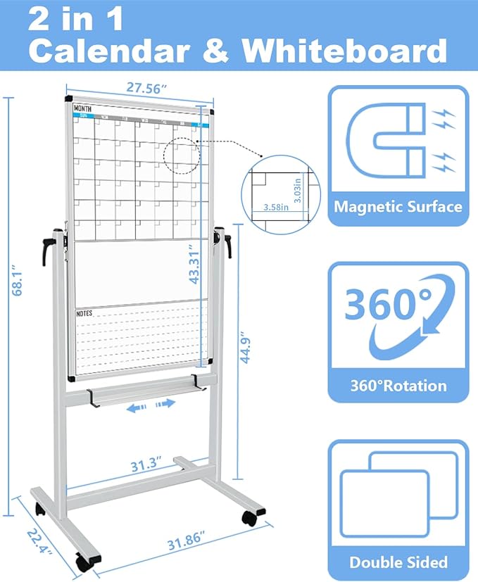 XBoard Rolling Moblie Whiteboard, 44x30 inches Double Sided Magnetic Dry Erase - Image 2