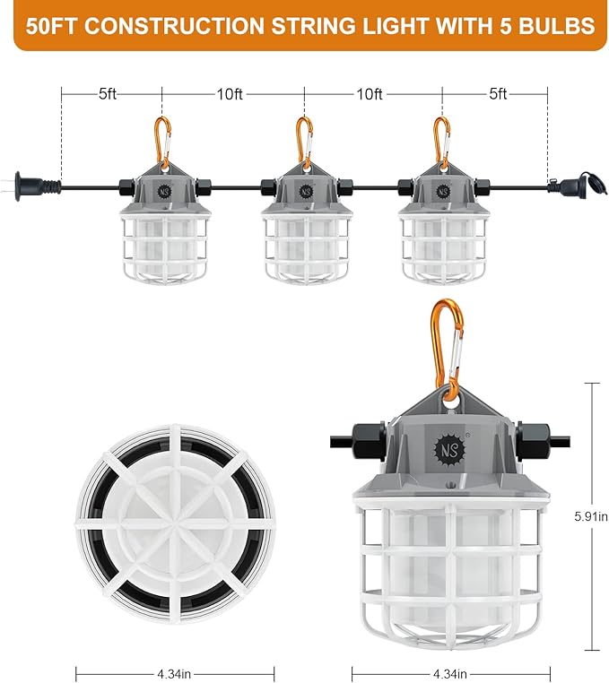 NS 50FT Construction String Lights 75W 7500LM LED String Work Lights Industrial - Image 2
