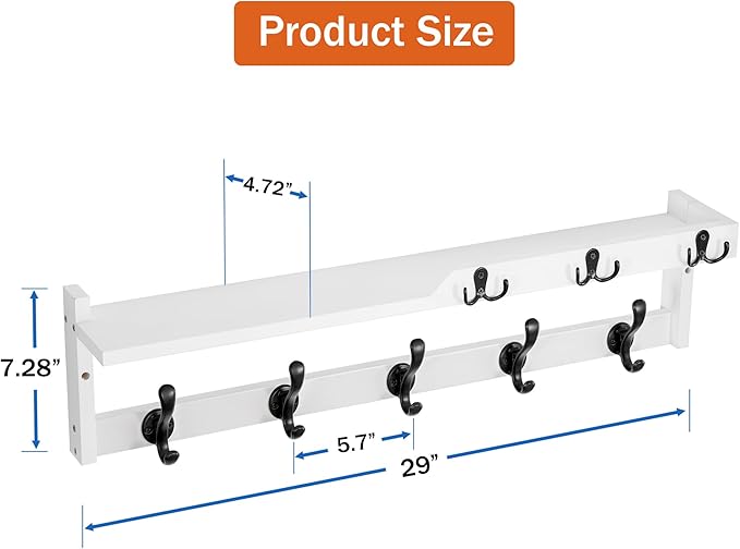 29'' Coat Rack Wall Mount with Shelf, Coat Hanger Wall Mount with Key Hooks and - Image 6