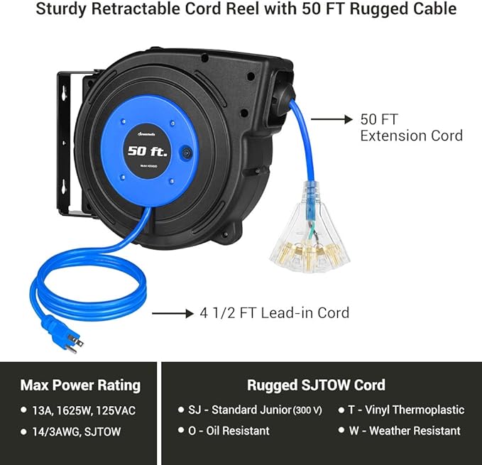DEWENWILS Retractable Extension Cord Reel, 50 FT Heavy Duty Power Cord - Image 4