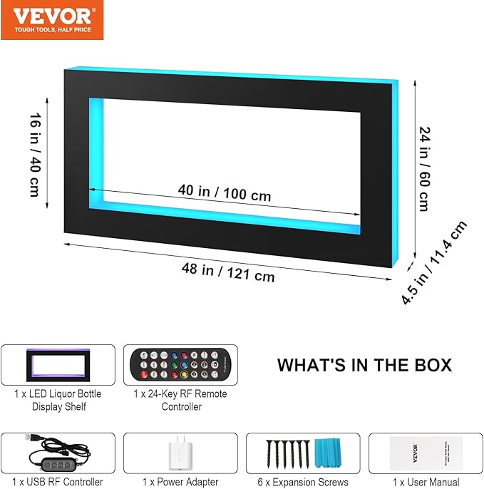 VEVOR LED Lighted Liquor Bottle Display Shelf, Square 48 Inches, Supports USB - Image 7