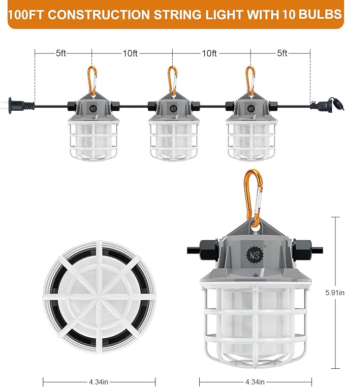 NS 100ft LED Construction String Lights, 150W 15000lm LED String Work Lights - Image 2