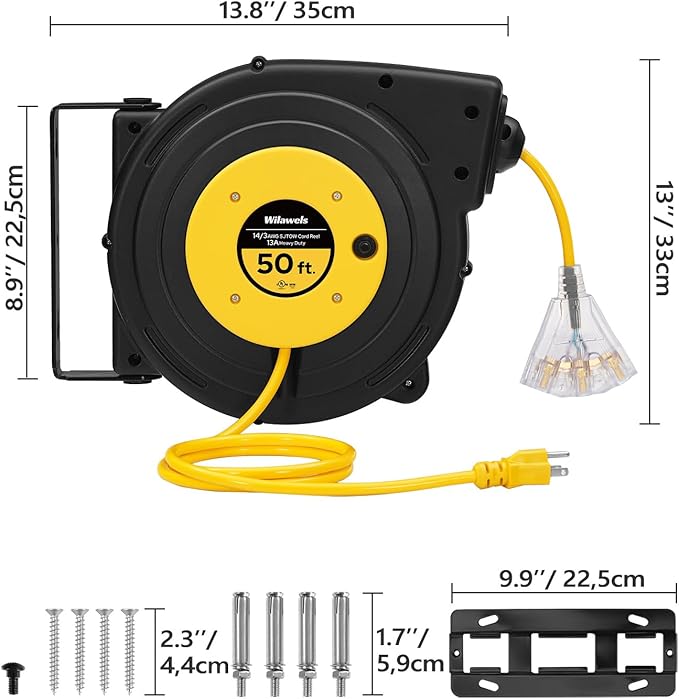 Retractable Extension Cord Reel, 50 FT Heavy Duty Power Cord, 14AWG/3C SJTOW - Image 5