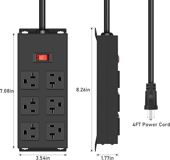 JUNNUJ Heavy Duty 20 Amp Power Strip, Garage 6 Outlets Metal 12 Gauge Surge - Image 2