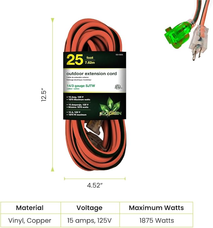 Go Green Power Inc. 14/3 SJTW Outdoor Extension Cord, Lighted Extension Cord - Image 2