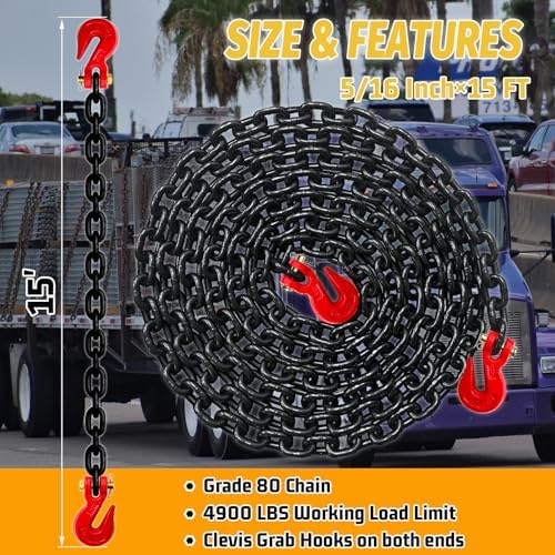 5/16" Binder Chain,15FT Trailer Safety Chains with Clevis Grab Hooks, 4:1 Safety Factor, 4,900 lbs Safe Working Load | Heavy Duty Chain for Towing,Transporting,Logging(EP Black) - Image 2
