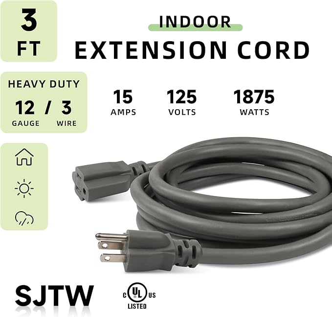EP 3 Ft Extension Cord, 12/3 SJTW Heavy Duty Extension Cable - Image 2