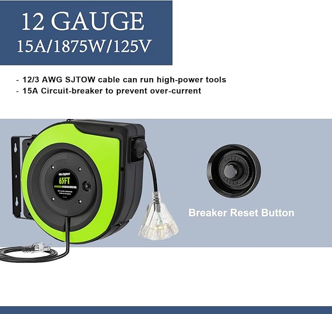 Retractable Extension Cord Reel, 65 Feet 12 AWG/3C SJTOW Heavy Duty Power Cord - Image 6