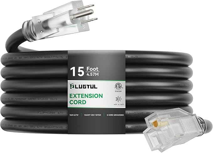 PLUGTUL 10 Gauge Extension Cord 15FT, Heavy Duty, 15A 1875W SJTW, ETL Listed by PLUGTUL