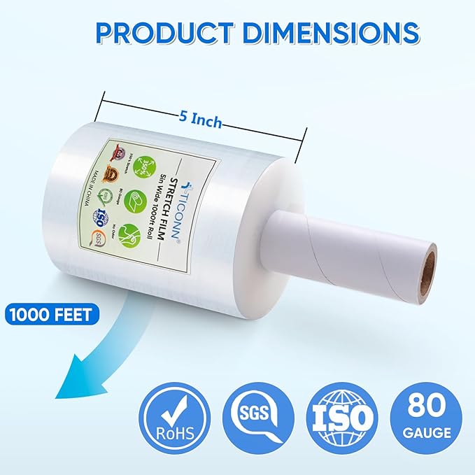 TICONN 4Pk Stretch Wrap Stretch Film Roll, 1000ft Industrial Strength 5 inch - Image 4