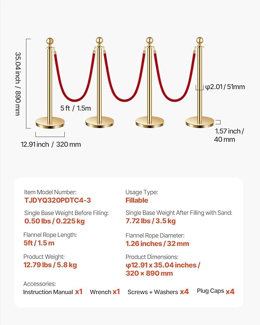VEVOR Stanchions and Velvet Ropes 4Pcs, Hollow Base - Image 7