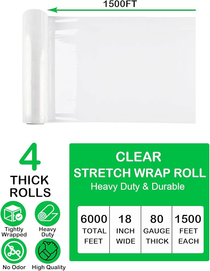 18in Clear Stretch Wrap Roll, Heavy Duty 1500ft Shrink Wrap Roll, 80 Gauge - Image 2
