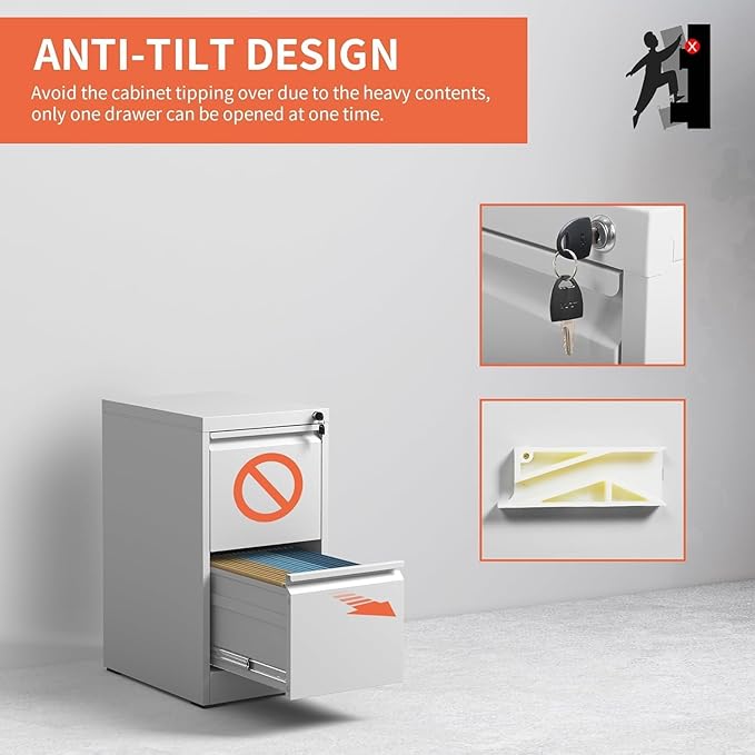 2 Drawer File Cabinet with Lock, Steel Vertical Filing Cabinets - Image 5