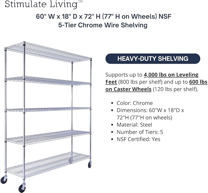 60"x18"x72" PRIME HEAVY DUTY Chrome 5-Tier Wire Shelving 4000 LBS MAX Capacity - Image 4