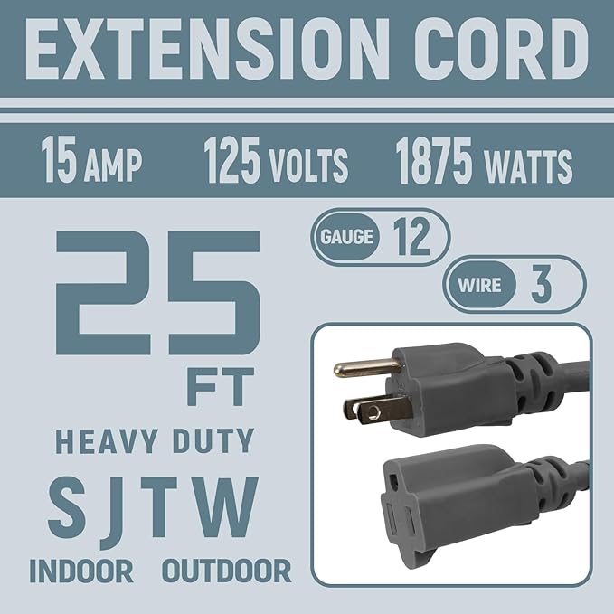 12 Gauge Indoor Outdoor Heavy Duty Grey Extension Cord 25 FT, 12 AWG SJTW - Image 2