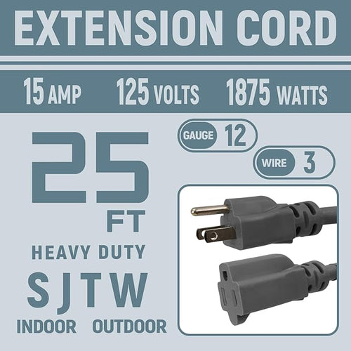 12 Gauge Indoor Outdoor Heavy Duty Grey Extension Cord 25 FT, 12 AWG SJTW - Image 2
